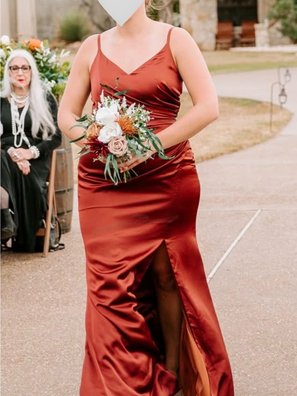 Revelry Rory Satin Maxi Dress in Terracotta Rust with Front Slit